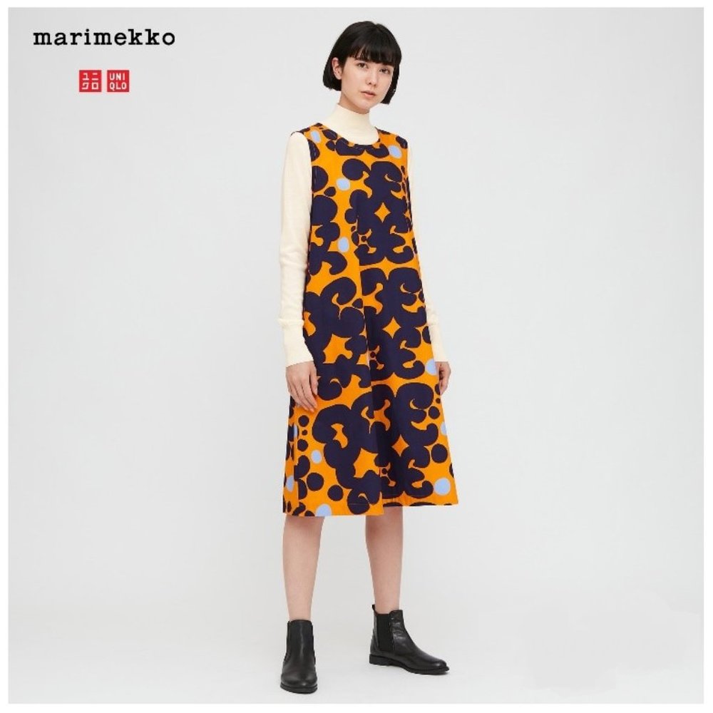 Uniqlo x Marimekko Orange A-line Sleeveless Dress hard to find print!!!!!